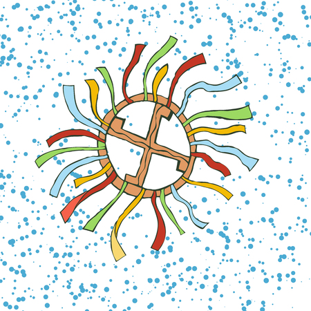 Cheerful sun for the design of summer holidays, picnics, children's parties. Great weather. Hand illustration in sketch style on a background of blue grit. Vector illustration.のイラスト素材