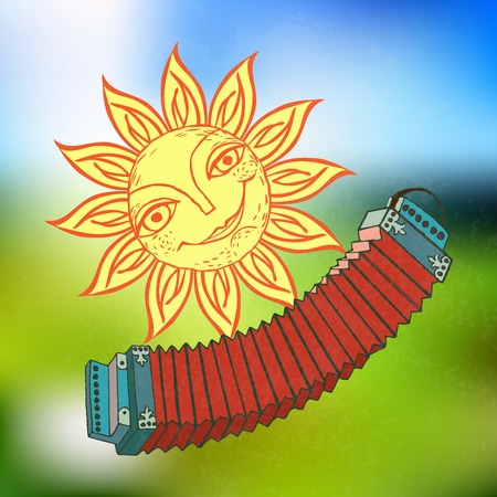 Cheerful sun and Russian harmonica for the design of summer holidays, picnics, children's parties. Great weather. Hand drawn sketch style on blurred background. Vector illustration.のイラスト素材