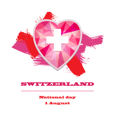 1st  August. Swiss National Day. Vector illustration of national holiday with Swiss flag and Patriotic elements. Creative concept for posters, greetings, banners, backgrounds and printing. Crystal heart with the symbol of Switzerlandのイラスト素材