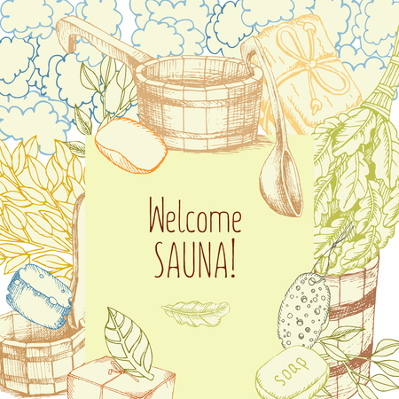 Set of Bath Accessories. Banner design template with drawings for bath and sauna. Bath accessories to decorate leaflets. Buckets, brooms, Soaps for relaxing in the sauna. Square poster. Vector. The inscription welcome to the sauna.のイラスト素材