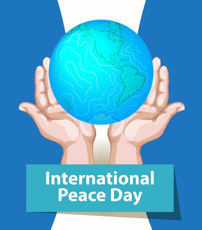 International peace day. September 21st. Background template for poster or Banner design. Peaceful planet Earth in human hands. Vector illustrationのイラスト素材