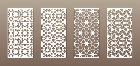 See-through silhouette with Arabic pattern, Muslim girih geometric pattern. Drawing suitable for background, invitation design, badges, laser cutting engraving stencil, wood and metal products. 4 vector panelsのイラスト素材