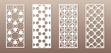 See-through silhouette with Arabic pattern, Muslim girih geometric pattern. Drawing suitable for background, invitation design, badges, laser cutting engraving stencil, wood and metal products. 4 vector panelsのイラスト素材