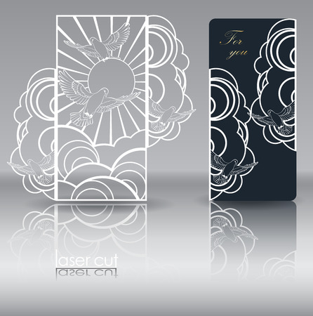 Laser cut pattern. Stylized flock of birds in the sky. Laser cutting for Wedding invitations, covers, cards, napkins. Laser cuttable silhouette on paper, wood, plastic. Elements of gold stamping.のイラスト素材