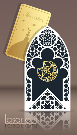 Design greeting cards for the Muslim holiday. Laser cut Arabian girih pattern, frame 3d. Woven geometry. Crossing the Ramadan Karim line. The Islamic religious vector illustration of a black Crescent. Carved hollow cover and a gold card embossed with the symbol of Islam.のイラスト素材