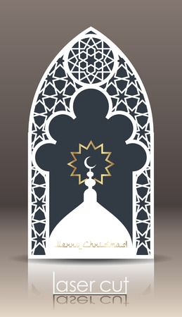 3d postcard layout with Islamic Oriental pattern for laser cutting paper. Indian heritage, Arabesque, Persian motif, Vintage lace element.  Decorative frame with cut-outs of borders and black card. Paper cut invitation or greeting card design template. Vector illustration.のイラスト素材
