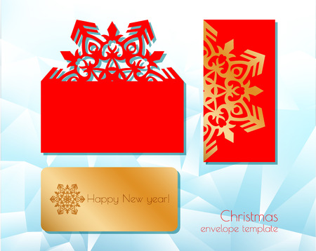 New Year's and Christmas. Folding template of a festive envelope for laser cutting or die-cutting. A snowflake pattern on a greeting card is suitable for invitations, menus. Vector illustrationのイラスト素材
