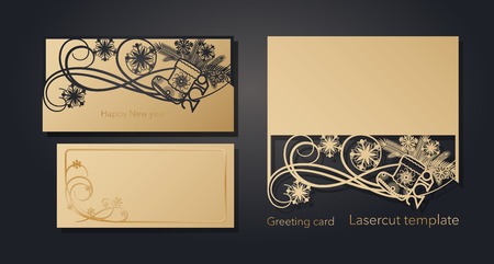 New Year's and Christmas. Laser greeting card template, invitations for New Year events. Winter openwork, snow pattern from craft paper, cardboard, gold embossed insert card. Vector illustration
のイラスト素材