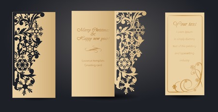Christmas greeting card design for laser cutting. New Year's and Christmas. Openwork pattern for envelopes, postcards, invitations to New Year events. Cutting out of paper, cardboard, plastic. Vector illustrationのイラスト素材