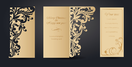 Christmas greeting card design for laser cutting. New Year's and Christmas. Openwork pattern for envelopes, postcards, invitations to New Year events. Cutting out of paper, cardboard, plastic. Vector illustrationのイラスト素材