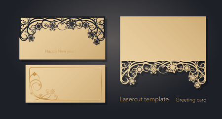 Christmas greeting card design for laser cutting. New Year's and Christmas. Openwork pattern for envelopes, postcards, invitations to New Year events. Cutting out of paper, cardboard, plastic. Vector illustrationのイラスト素材