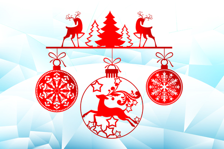 New Year, Christmas laser cutting templates. Holiday decorations in 2019 on an icy background deer, winter trees, Christmas balls. Decor for decoration of rooms, Windows, showcases. Vector illustrationのイラスト素材