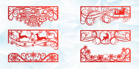 Laser cutting design for Christmas and New Year. Silhouette cut. A set of template of corner and horizontal elements to create a festive decor. Patterns for decorating a rectangular frame and border, windows, shop windows. Vector illustrationのイラスト素材