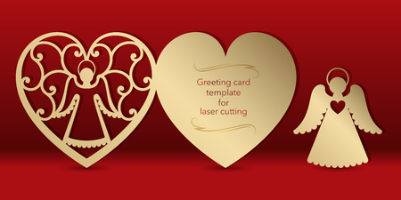 Gold greeting card with an angel for laser cutting. Template carving pattern for cards, invitations to the Day of lovers, wedding, Angel Day. Cutting through paper, cardboard. Vectorのイラスト素材