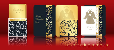 Vector image of an angel and heart for laser cutting from paper. A set of openwork greeting card, invitation, envelope, cover for a contour cut out of cardboard. Through ornament for Valentine's Day, Christmas, religious Christian holiday, birthdayのイラスト素材