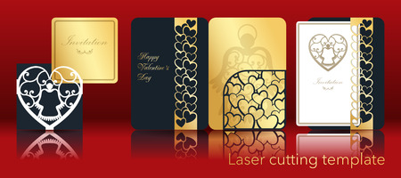 Vector image of an angel and heart for laser cutting from paper. A set of openwork greeting card, invitation, envelope, cover for a contour cut out of cardboard. Through ornament for Valentine's Day, Christmas, religious Christian holiday, birthdayのイラスト素材