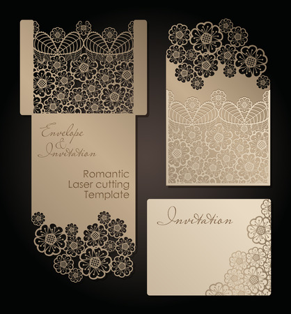 Vintage envelope and invitation for laser cutting. Openwork cover and card design for wedding, Valentine's Day, romantic party. Vector illustrationのイラスト素材