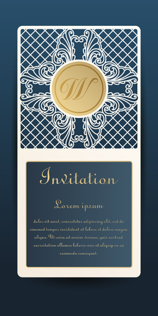 Template invitation for laser cutting. Openwork cutting of paper, cardboard, plastic. The layout of the original badge, greeting card with elements of a transparent geometric ornamentのイラスト素材