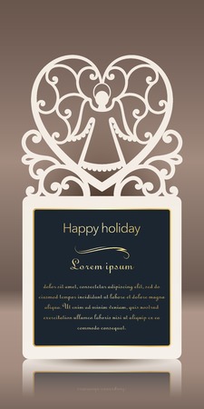 Laser cut for greeting card, invitation, cardboard and paper badge. Card for wedding, romantic party, happy holiday. Silhouette of an angel..Vector illustrationのイラスト素材