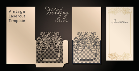 Decorative envelope and greeting card template for laser cutting. Cover design, invitations, save date in art Nouveau style for wedding, romantic party. Vector illustrationのイラスト素材