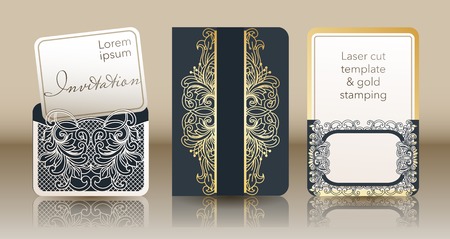 Template for laser cutting and gold stamping. Vintage cover for invitation, special occasion envelope, greeting card, menu. A through silhouette of an abstract ornament for a wedding, romantic partyのイラスト素材