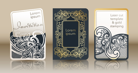 Template for laser cutting and gold stamping. Vintage cover for invitation, special occasion envelope, greeting card, menu. A through silhouette of an abstract ornament for a wedding, romantic partyのイラスト素材