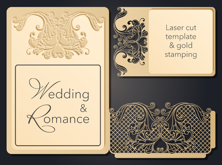 Patterned pattern for laser cutting. Openwork layout of a festive envelope, a card for your text, a label, a note in flowers. Wedding, romantic party, date, gift, package for congratulationsのイラスト素材