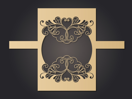 Patterned pattern for laser cutting. Openwork layout of a festive envelope, a card for your text, a label, a note in flowers. Wedding, romantic party, date, gift, package for congratulationsのイラスト素材