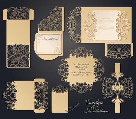 A set of carved wedding envelopes, pockets for laser cutting. Pocket for congratulations, invitations, wedding cards, party, romantic date. Festive set of openwork lace patterns for cutting paper and woodcarvingのイラスト素材