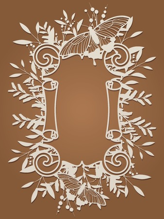 Flower frame cartouche for laser cutting. Vintage leaf border, antique style whirlwind, decorative element design for wedding and festive design. Label, card, invitation, decoration, envelope, cover, albumのイラスト素材