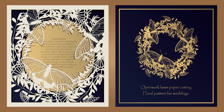 Envelope design, invitations for laser paper cutting. Square pocket with a floral pattern, an openwork frame and a gold-embossed card for wedding, festive, greeting polygraphyのイラスト素材