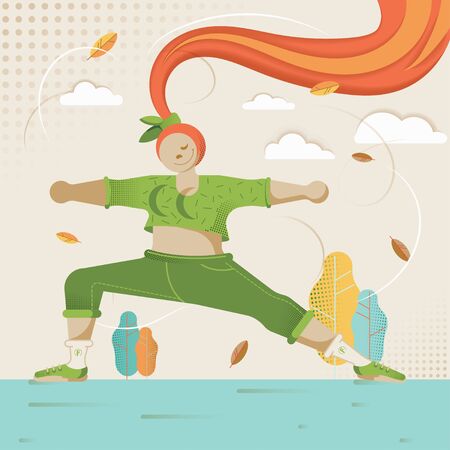 A sports woman performs fitness exercises against the background of nature. Illustration drawn with flat gradients and vibrant colors. Pink, blue and yellow.のイラスト素材