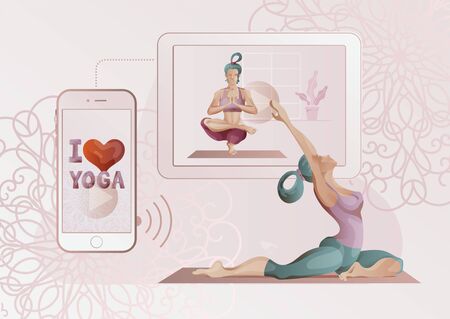 Woman doing yoga, at home, online. Vector clipart digital paintingのイラスト素材
