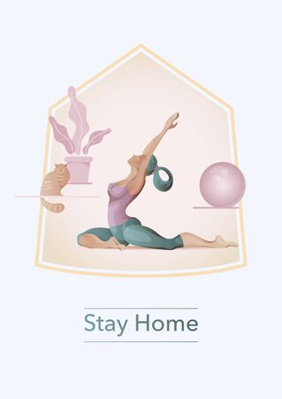 Yoga at home, Woman in yoga pose, stay at home. Yoga, fitness, stretching online class. COVID-19 virus outbreak, social distancing, sport exercise at Home. Flat cartoon vector illustrationのイラスト素材