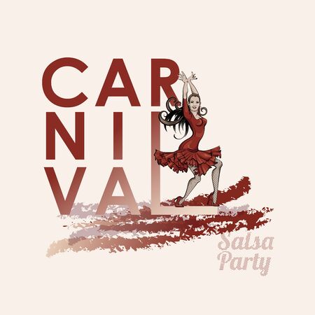 Poster for a Latin dance party. Woman in red dress is dancing salsa .Vector sketch drawingのイラスト素材