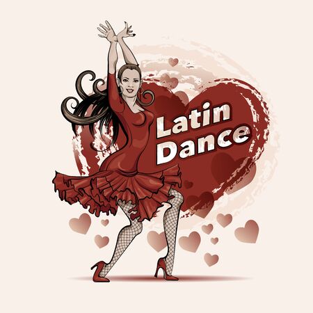 Poster for a Latin dance party. Woman in red dress is dancing salsa .Vector sketch drawingのイラスト素材