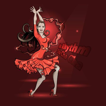 Poster for a Latin dance party. Woman in red dress is dancing salsa .Vector sketch drawingのイラスト素材
