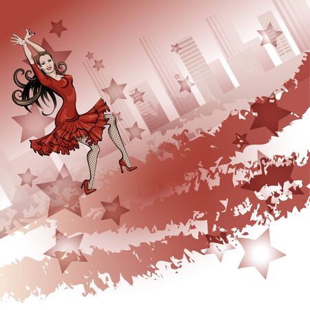 Poster for a Latin dance party. Woman in red dress is dancing salsa .Vector sketch drawingのイラスト素材