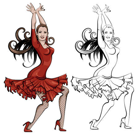 A woman in a red dress is dancing the latin dance salsa. Silhouette for coloring and color drawing.のイラスト素材