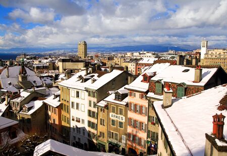 View of Lausanne in Winter with snowy roofs のeditorial素材