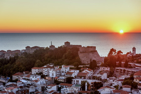 The old town of Ulcinj city ''Stari Grad" in the sunset, Montenegroのeditorial素材