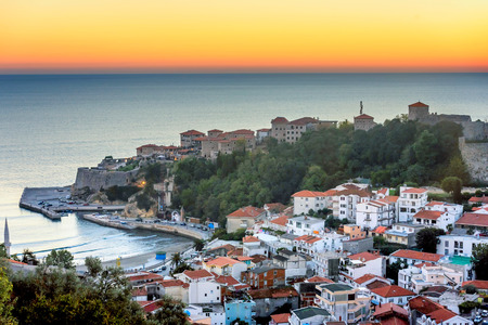 The old town of Ulcinj city ''Stari Grad" in the sunset, Montenegroのeditorial素材