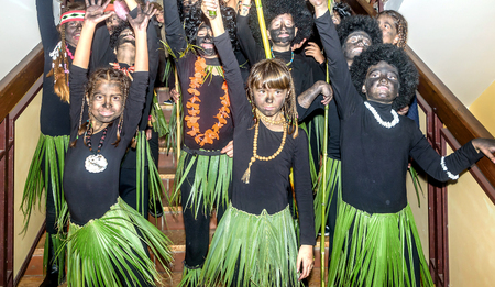 Tivat,Montenegro- February 26, 2015: Group of school children dressed in african tribe costumes for maskenballのeditorial素材