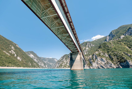 Beautiful Landscape of the Piva Lake and the bridge, Montenegroの写真素材