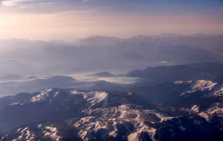 Aereal iew of the mountains in Montenegro covered with snowの写真素材