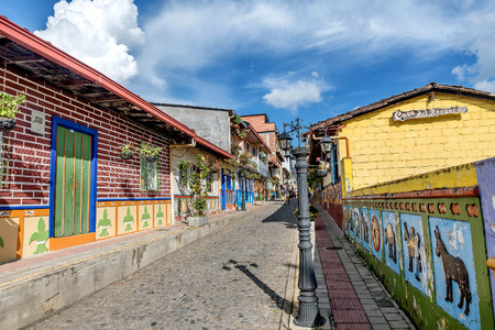 Brightly colored street in Guatape, Colombiaのeditorial素材