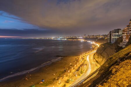 The Pacific coast of Miraflores at night in Lima, Peru
