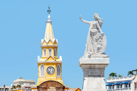 The Clock Tower in the entrance of the old town Cartagena, Colombiaの写真素材