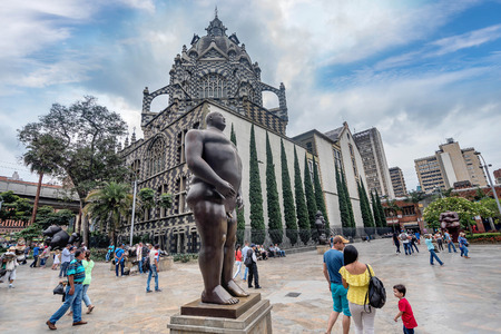 Medellin, Colombia- March 5, 2017: Statues in front of Botero Museum, Colombiaのeditorial素材