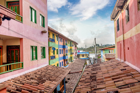 Colorful Colonial houses in Guatape, Colombiaの写真素材